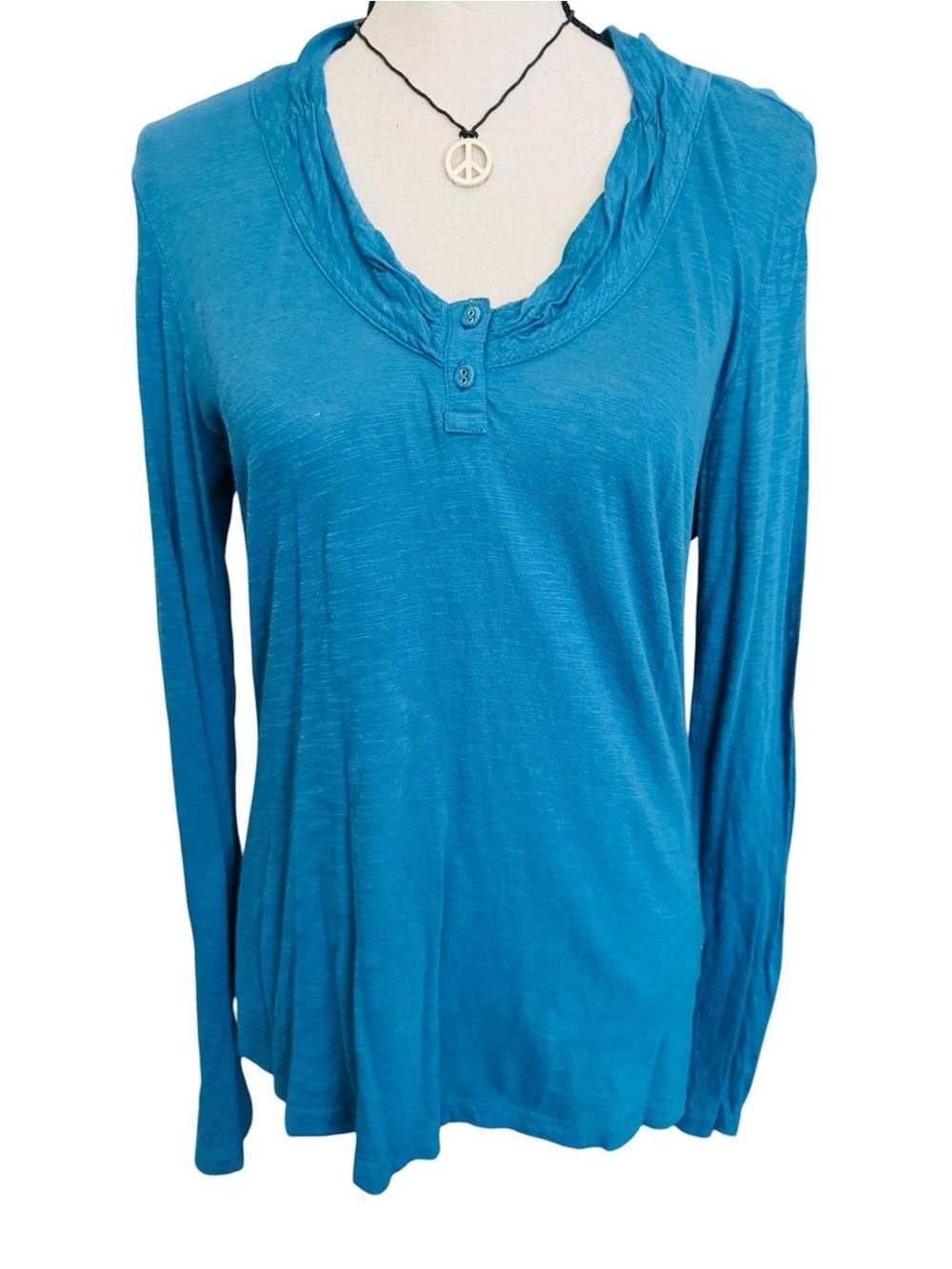 prAna Teal Long Sleeve Henley Style V-Neck Top Yoga Boho Casual Size M